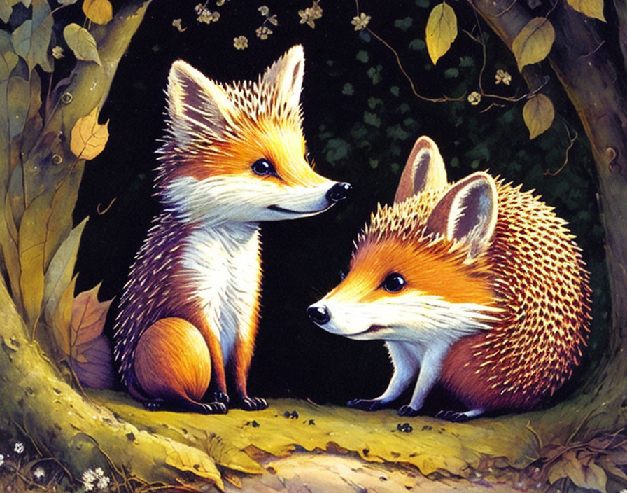 Two Cute Foxes in Forest Setting Illustration