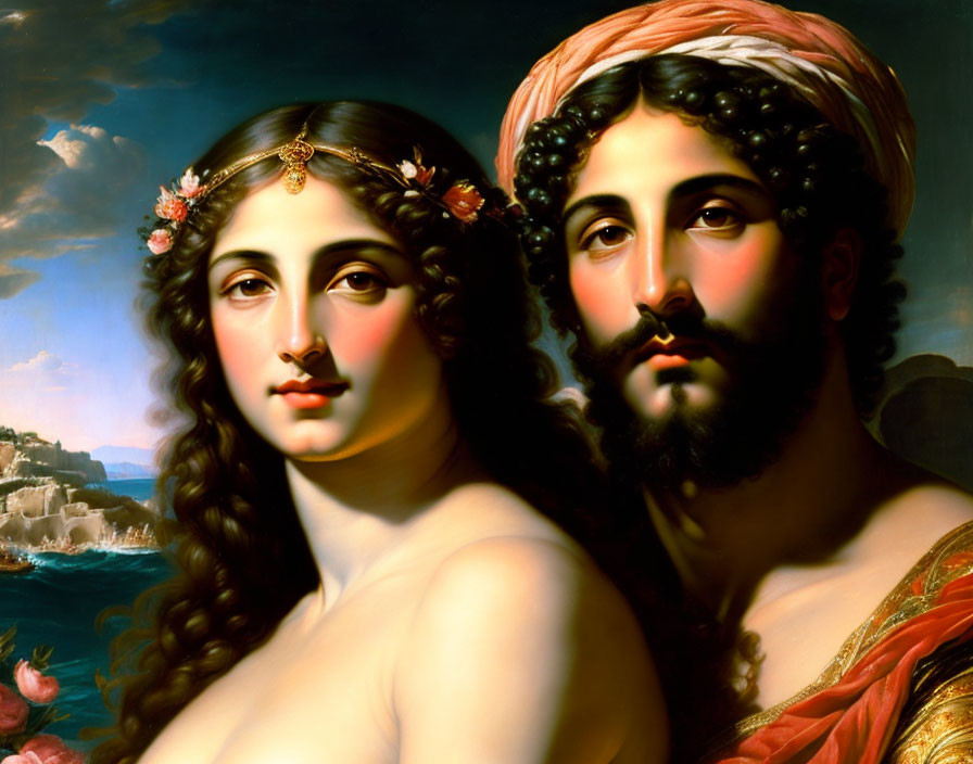 Classical painting: Bearded man and woman with floral crowns by the sea