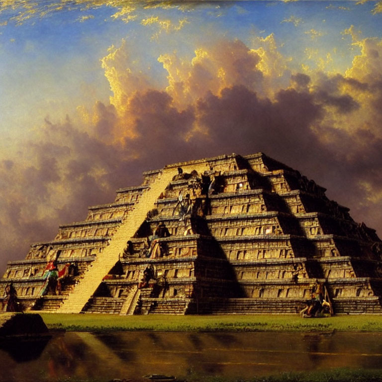 Ancient Mesoamerican El Castillo pyramid painting with climbers and dramatic clouds.