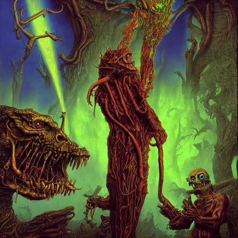 Fantastical forest scene with twisted wood creature and skeletal being in eerie setting