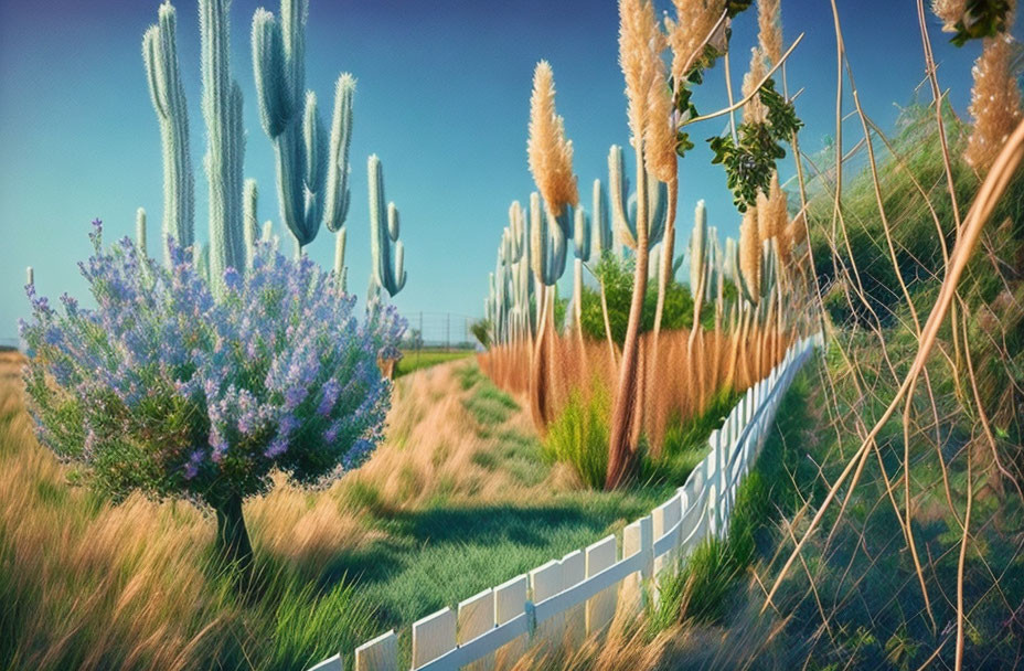 Desert landscape with cacti, purple bush, grass, and white fence