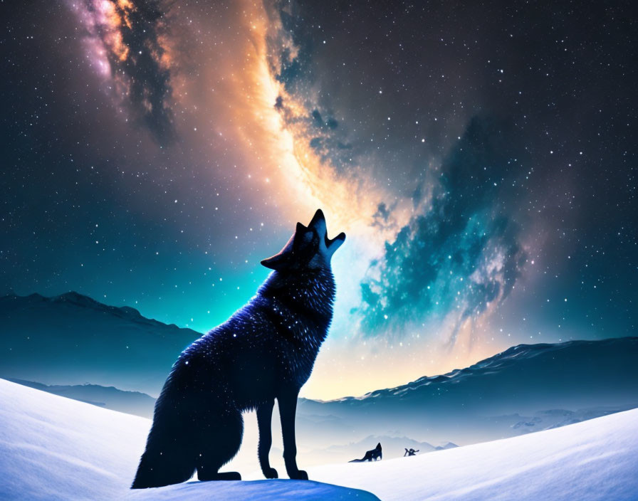 Silhouetted lone wolf on snowy hill under star-filled sky