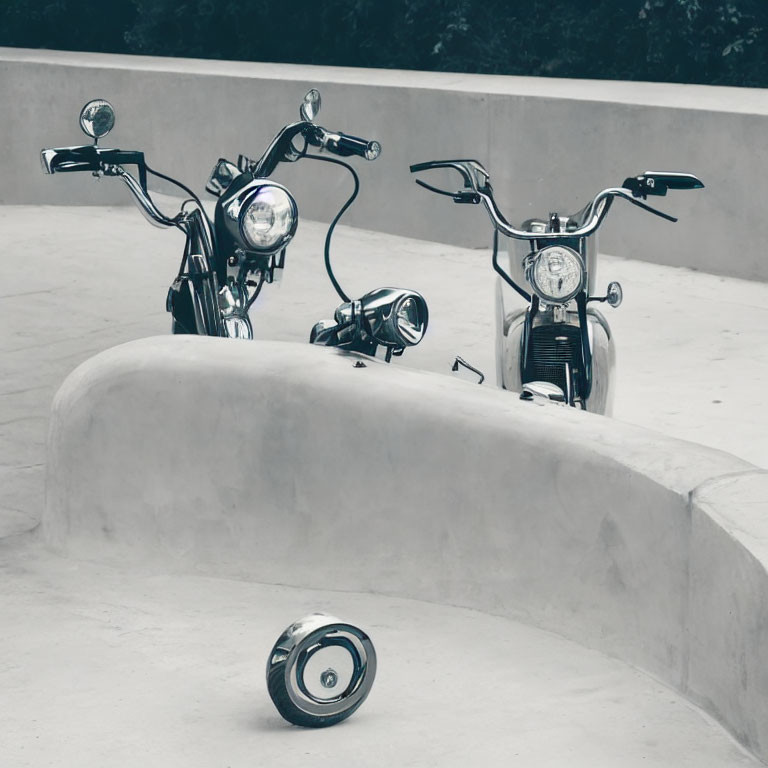 Two motorcycles with high handlebars parked on curved concrete with a detached wheel nearby