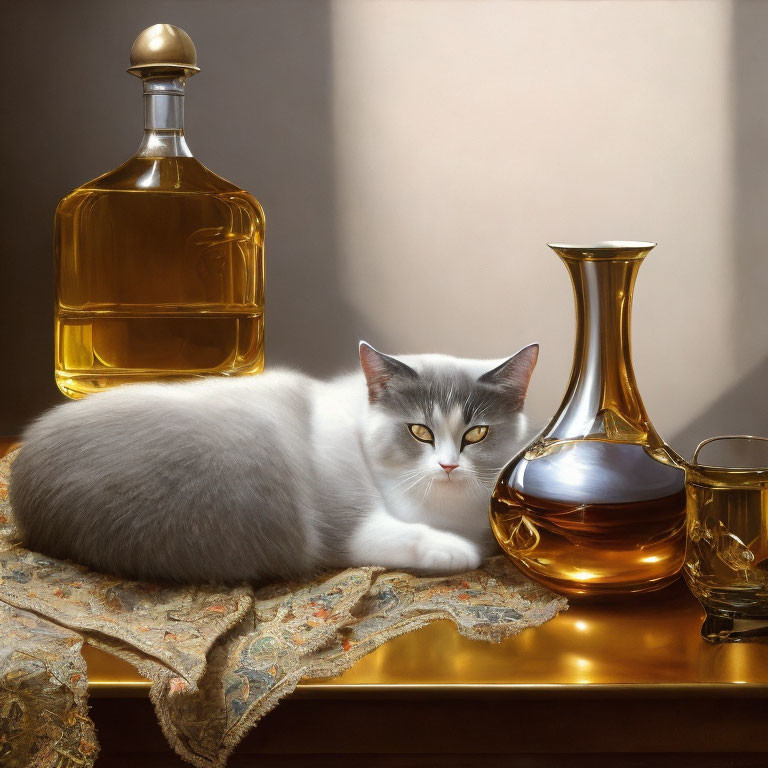 White and Grey Cat with Glass Decanters on Ornate Fabric