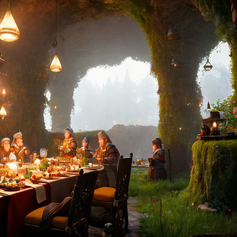 Dwarves feasting in cozy cave with lanterns