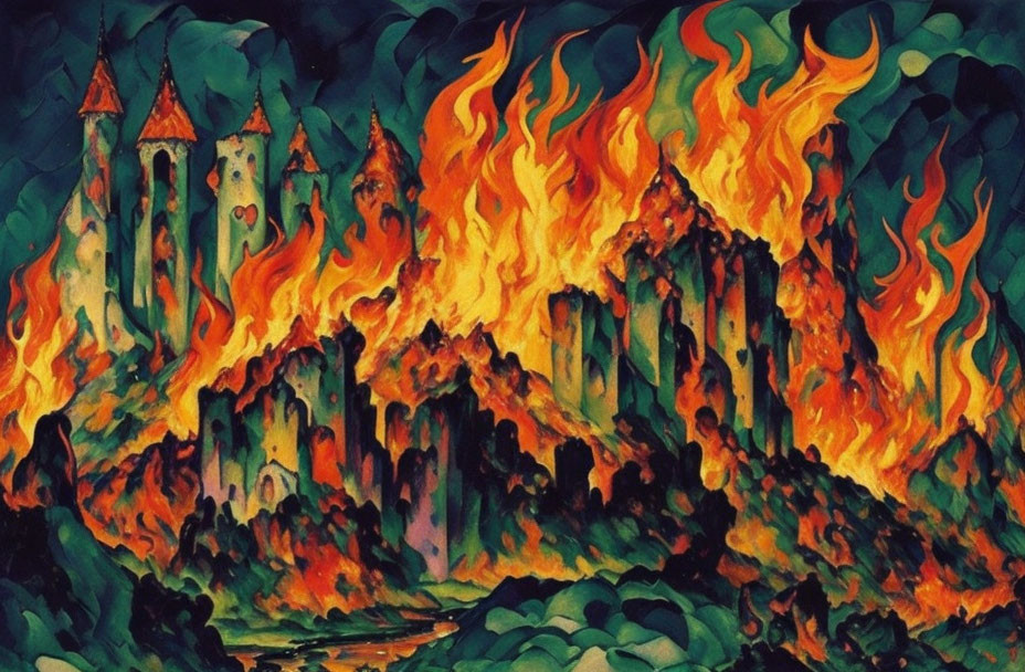 Vibrant painting of castle engulfed in flames with smoke among green foliage