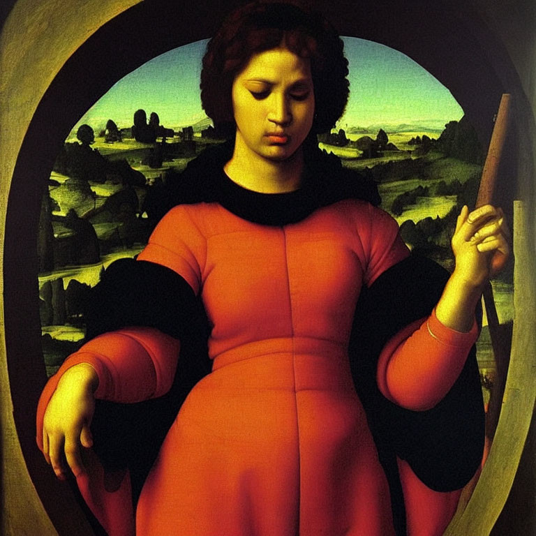 Portrait of a Woman in Red Dress with Rod in Circular Frame