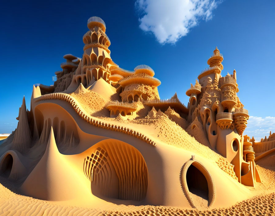 Elaborate sandcastle with intricate details and towering spires