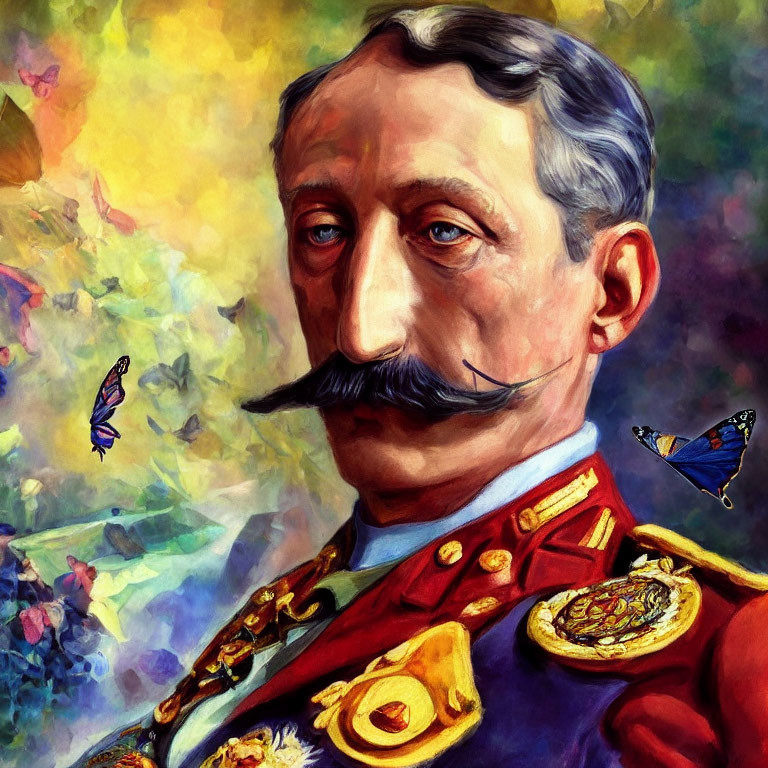 Colorful Painting of Mustachioed Man in Military Uniform with Medals Amid Vibrant Abstract Sw