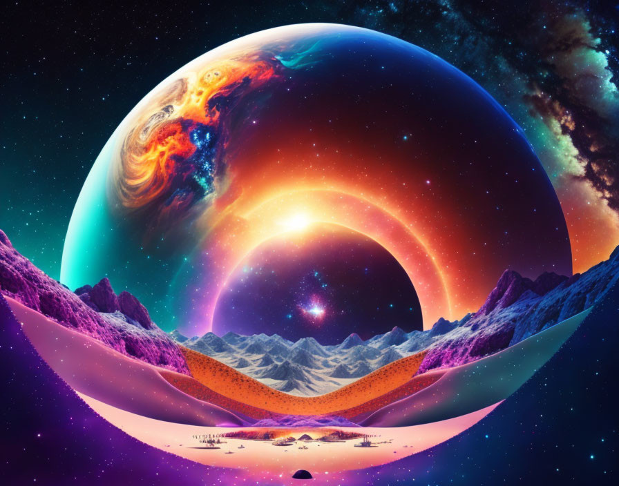 Surreal landscape with mountains, cosmic sky, and colorful planet