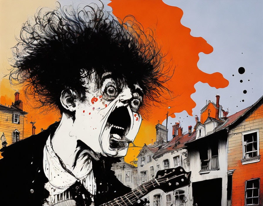 Wild-haired guitarist screams against orange backdrop with black ink splatters, city buildings in background