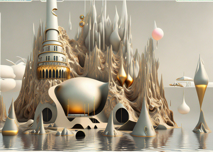 Surreal landscape with fluid structures, leaning tower, and floating shapes