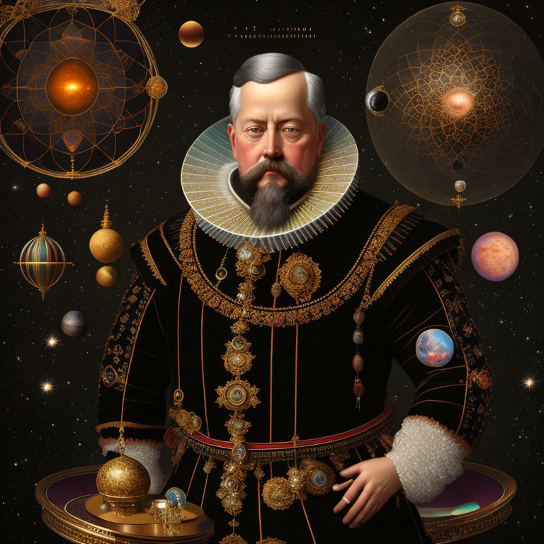 Digital artwork of aristocrat-styled person in ornate outfit against cosmic background.