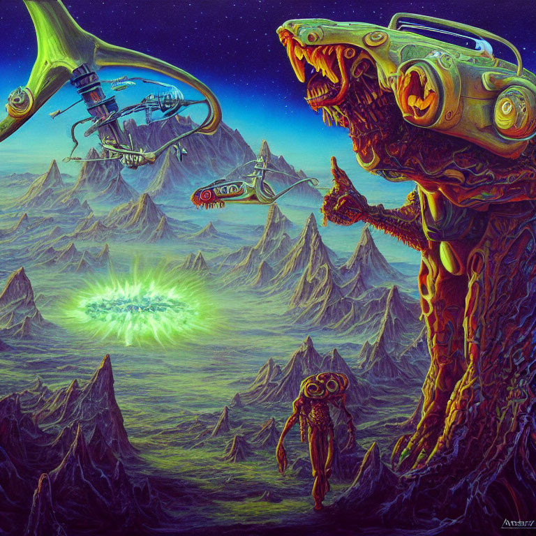 Alien landscape with monstrous creatures and futuristic spaceships