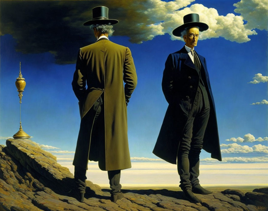 Two men in top hats on rocky outcrop with golden cup under bright sky