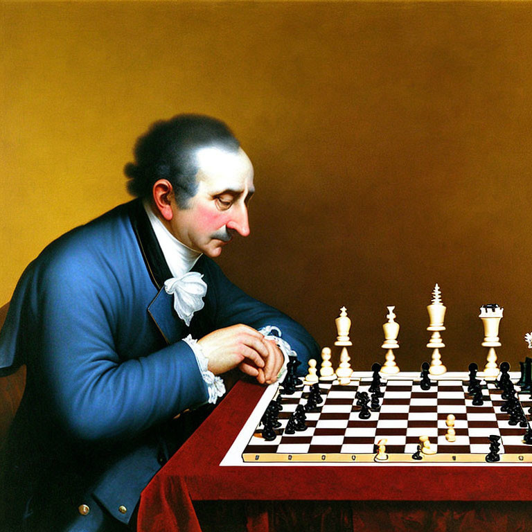 Historical-style portrait of man in blue coat studying chessboard