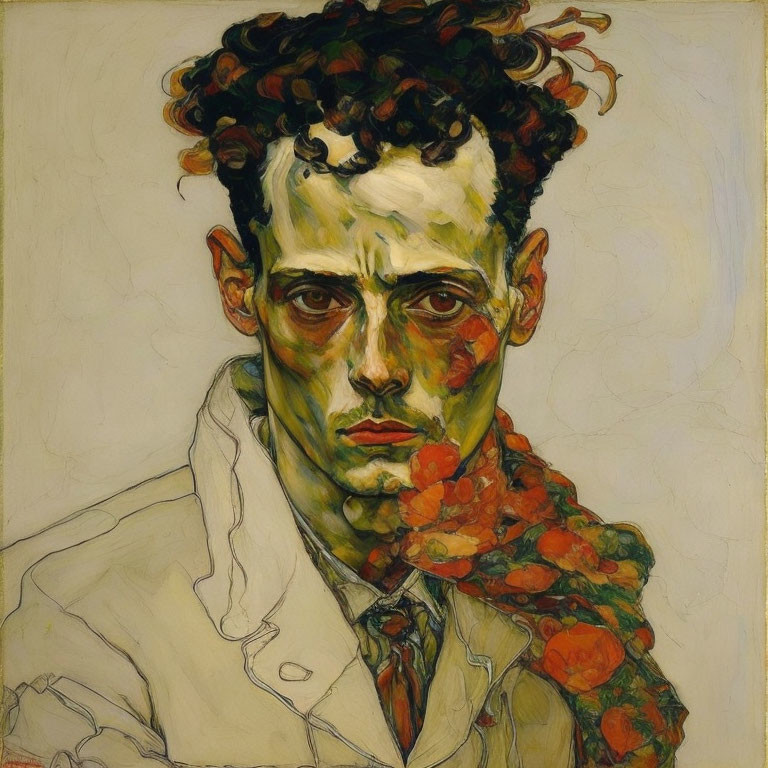 Man with Curly Hair in White Coat and Red Flowers on Cheek on Cream Background