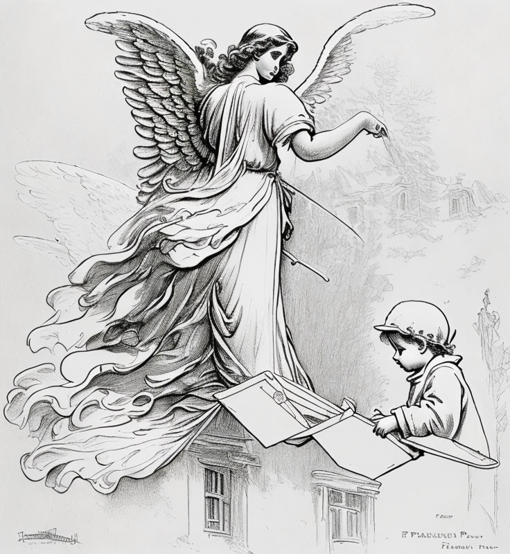 Vintage illustration: Angel with large wings guides boy building house model