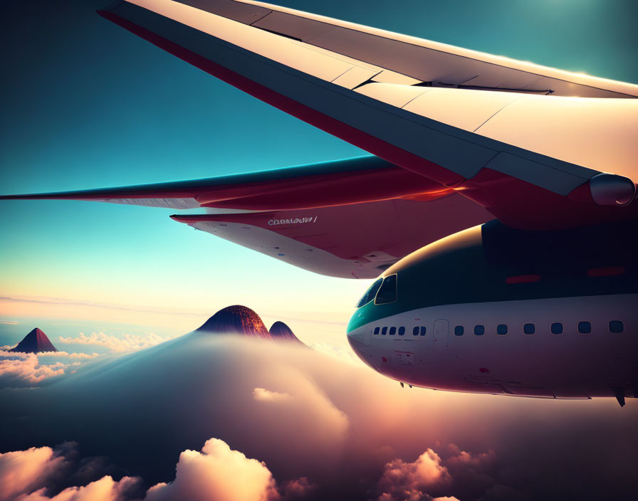 Sunset-colored airplane wing soaring over mountainous clouds