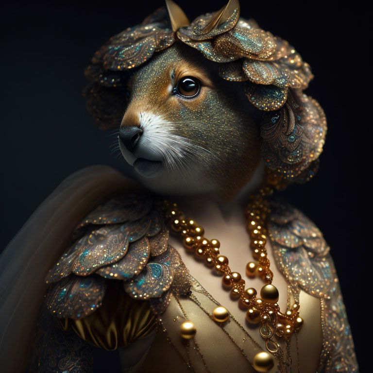 Digital artwork: Whimsical squirrel in ornate golden dress