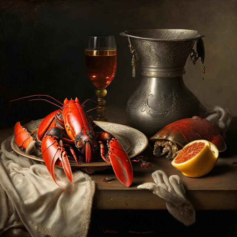 Cooked lobster, lemon, wine glass, vase, and cloth arrangement.