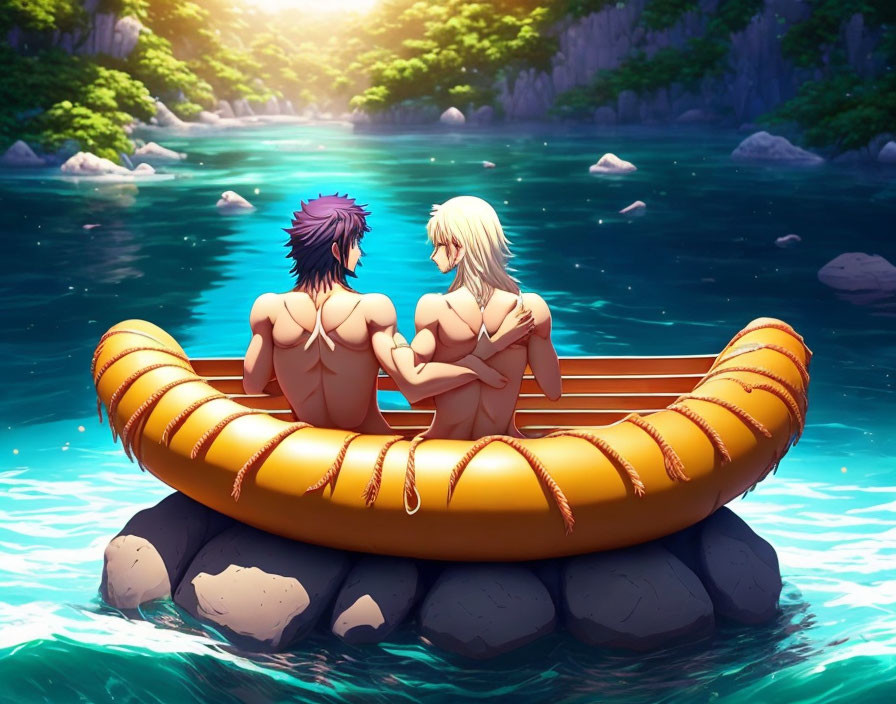 Anime characters in inflatable boat on serene river surrounded by lush greenery