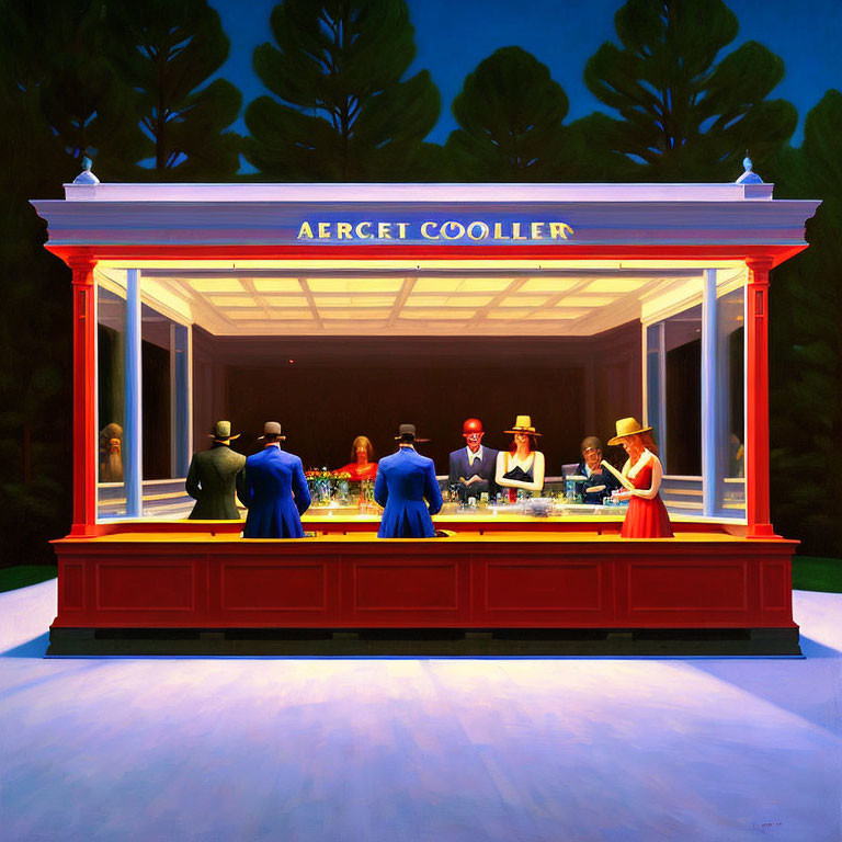 Vintage-style bar scene with people in classic attire under "AERGET COOLLER" sign