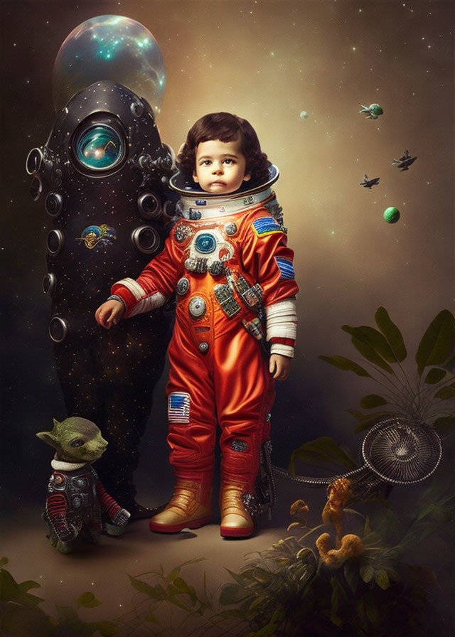 Child Astronaut with Alien in Fantasy Space Scene