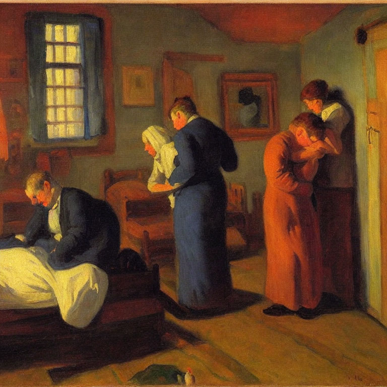 Artwork featuring four individuals in a dimly lit room expressing care and concern.