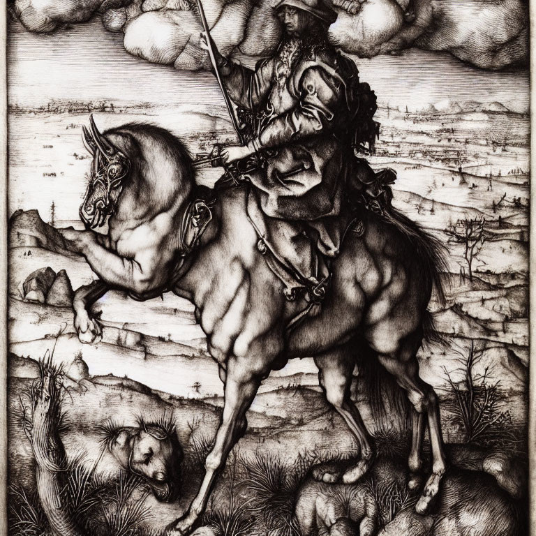 Elaborate armored knight on rearing horse with spear in detailed landscape