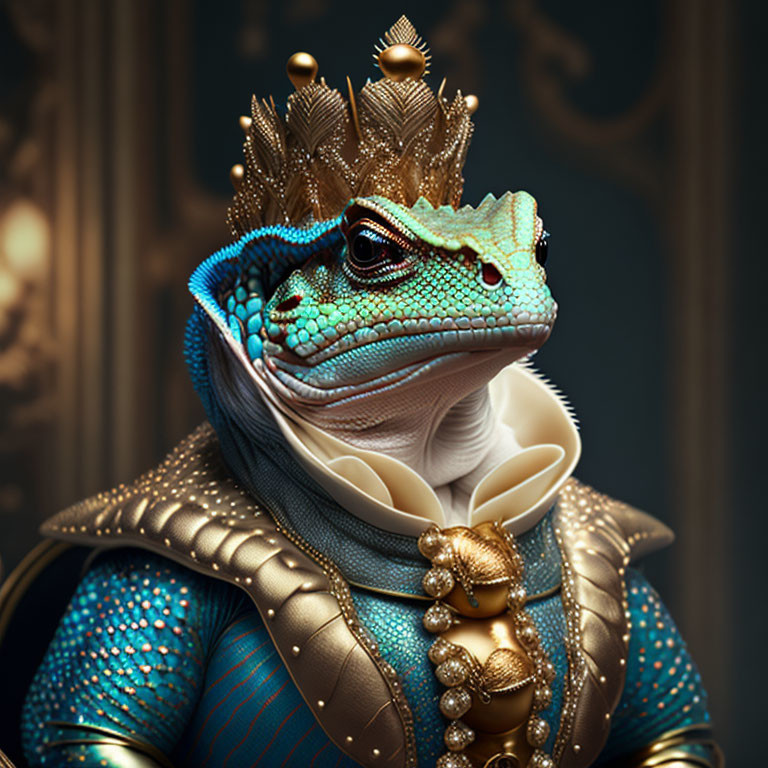 Regal iguana in ornate renaissance attire with crown and medallion