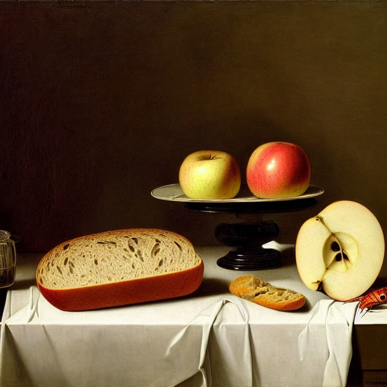 Classic Still Life Painting with Bread, Apples, and Glass Cup