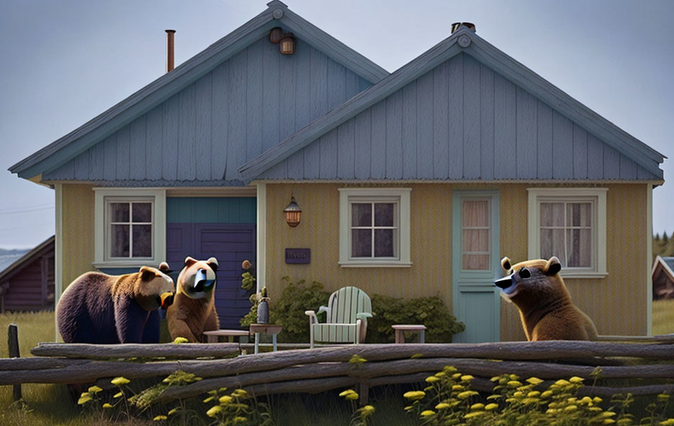 Cartoon bears in human-like activities near quaint houses