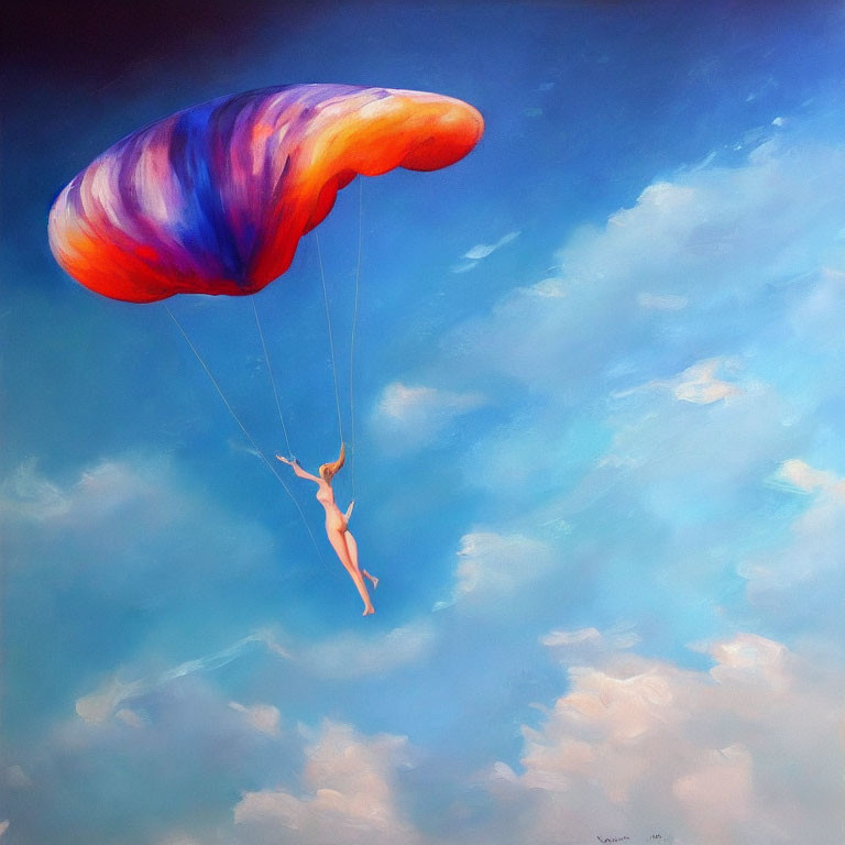 Colorful Parachute Skydiving in Blue Sky with Clouds