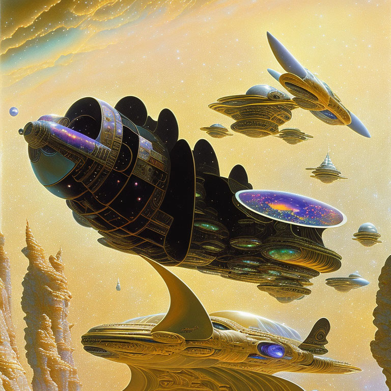 Futuristic golden spacecraft in sci-fi illustration