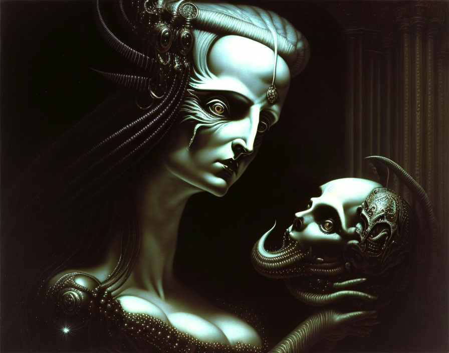 Surreal gothic artwork of ornate female figure with smaller head