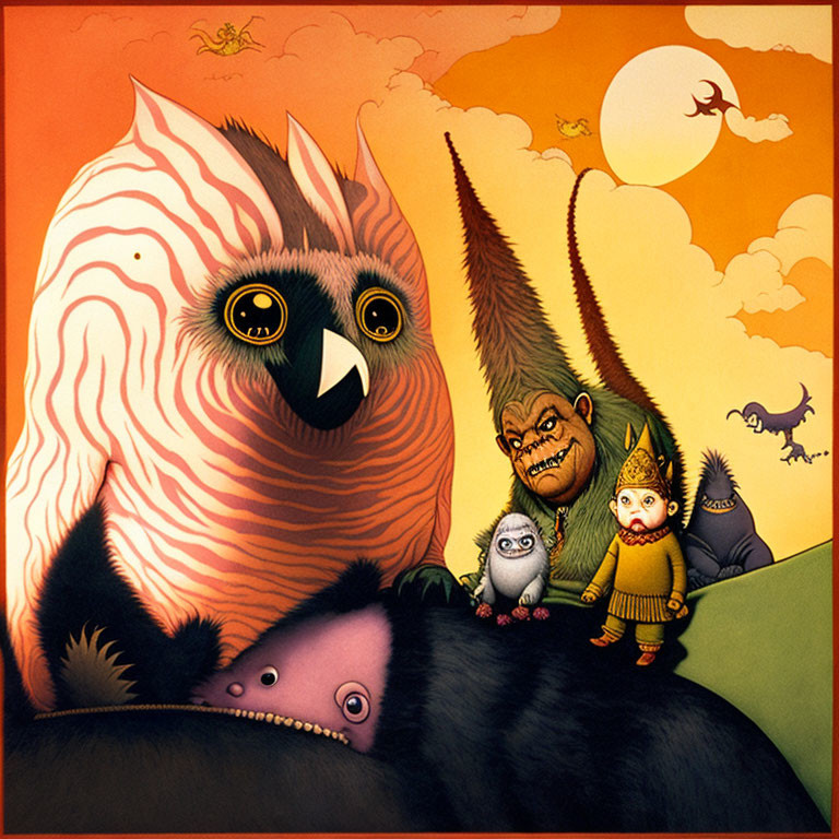 Whimsical illustration of giant owl-like creature with girl and green monster under orange sky