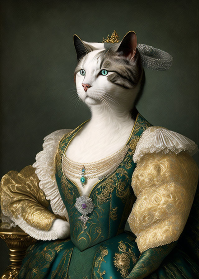 Cat in Renaissance gown with golden embroidery & pearl necklace