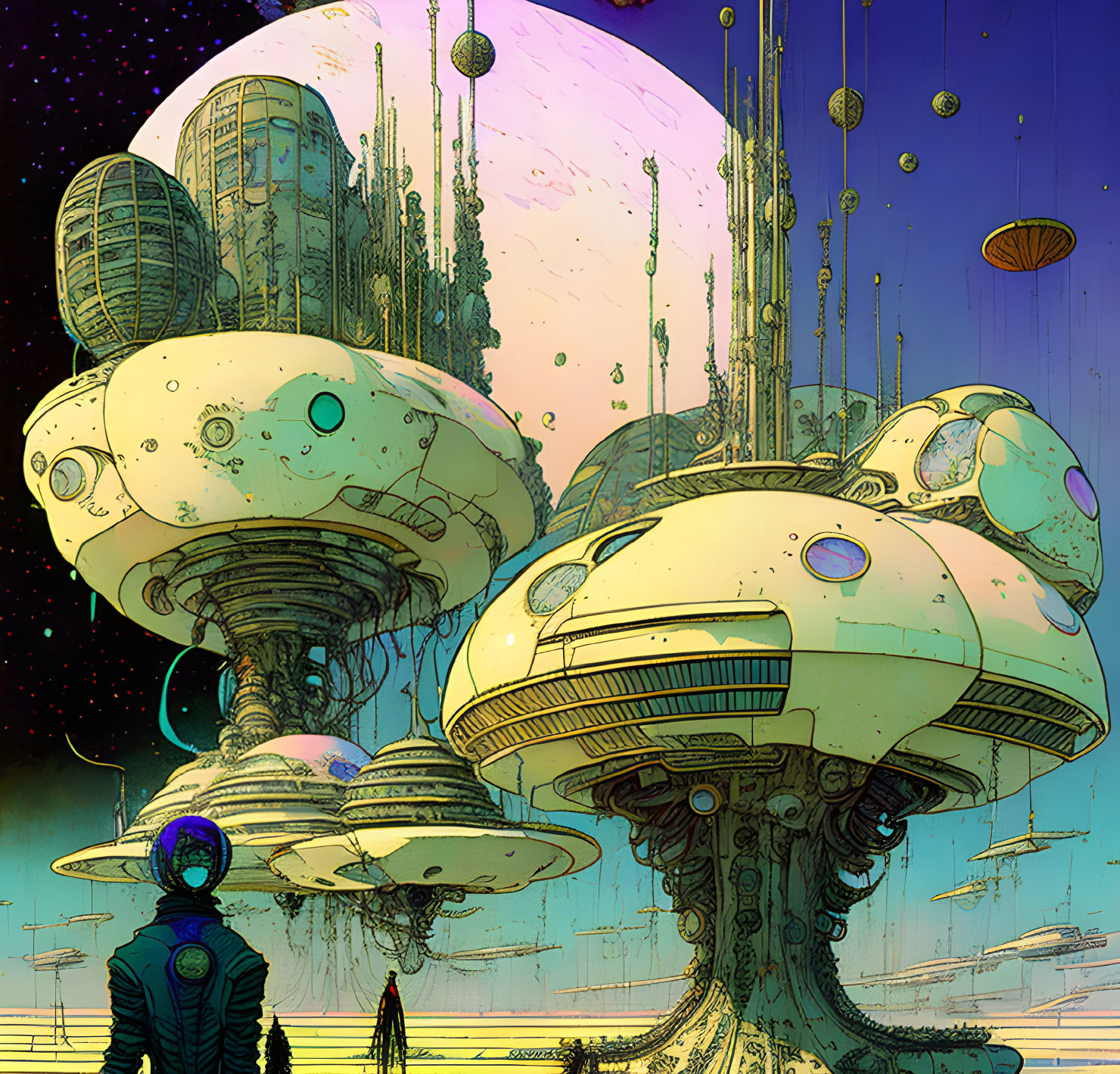 Person standing before futuristic mushroom-like buildings under large moon and vividly colored sky