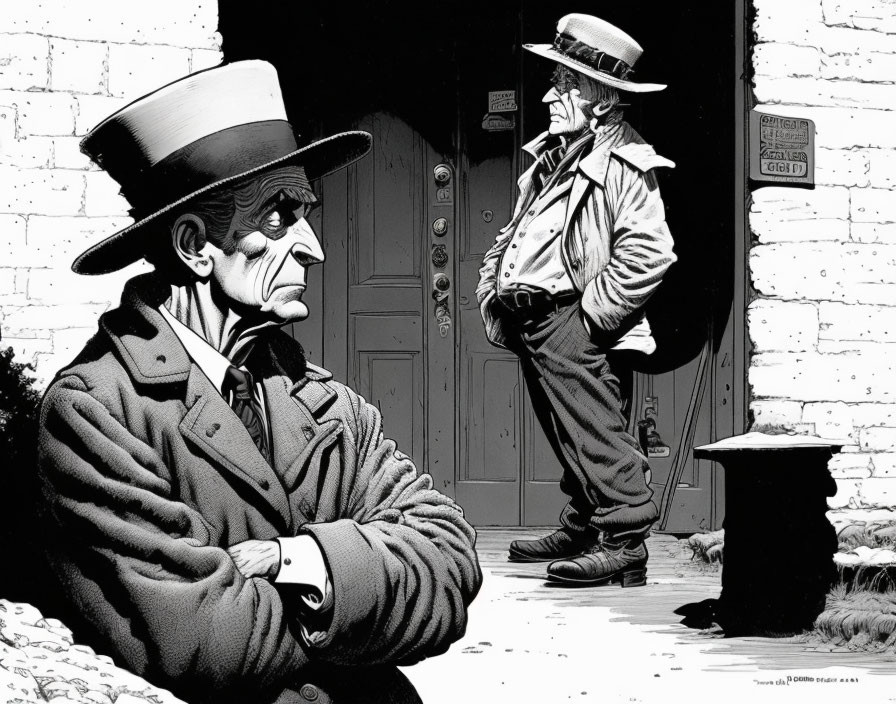 Vintage black and white illustration of two men in hats near a brick wall with a sign