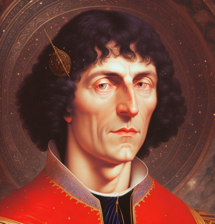 Historical male figure digital portrait with dark wavy hair in red and gold uniform