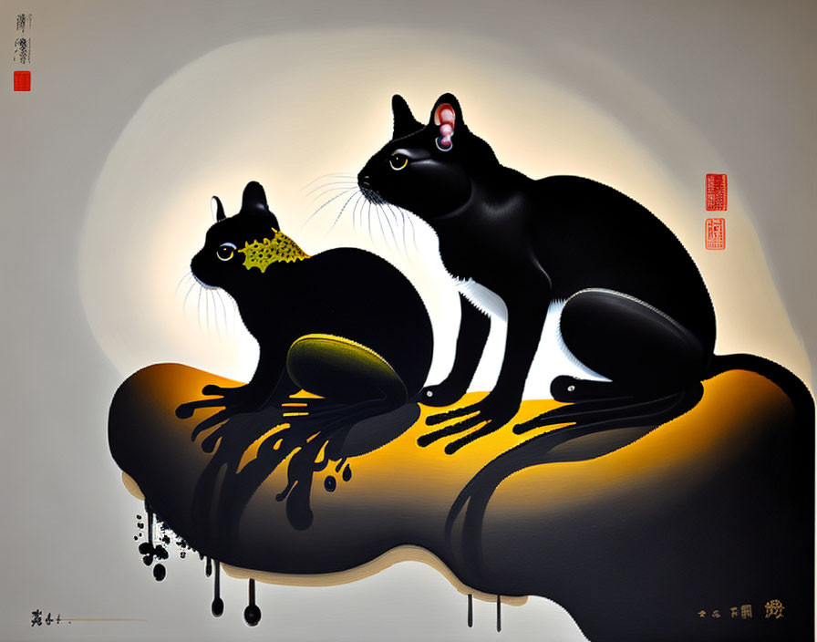 Stylized black cats with white whiskers on golden-yellow surface