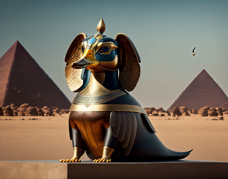 Anthropomorphic duck in Egyptian attire with pyramids backdrop