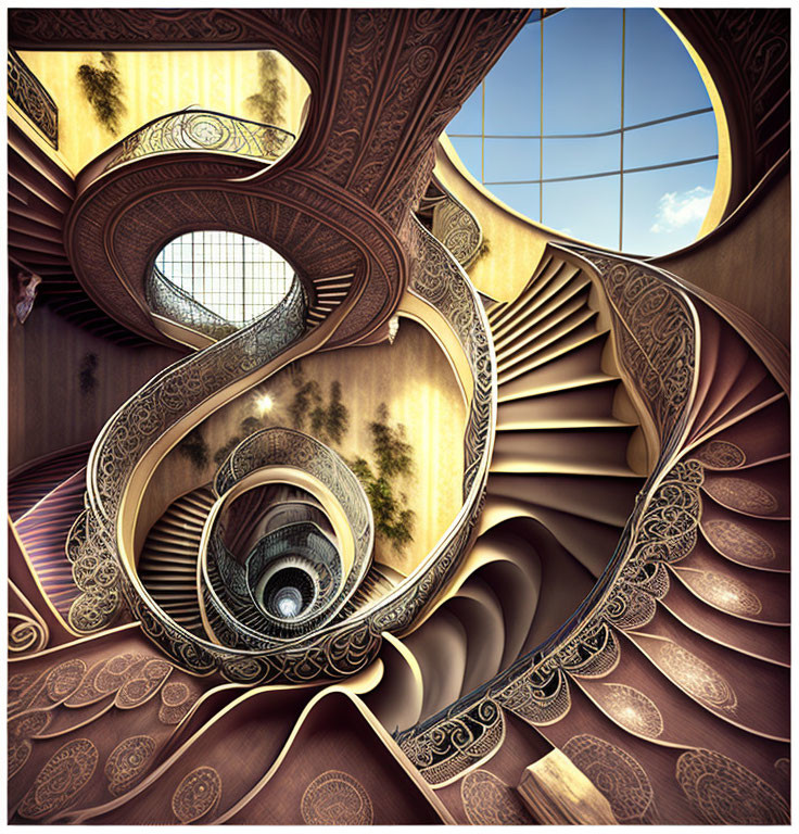 Intricate Spiral Staircase with Surreal Blend of Wood and Light