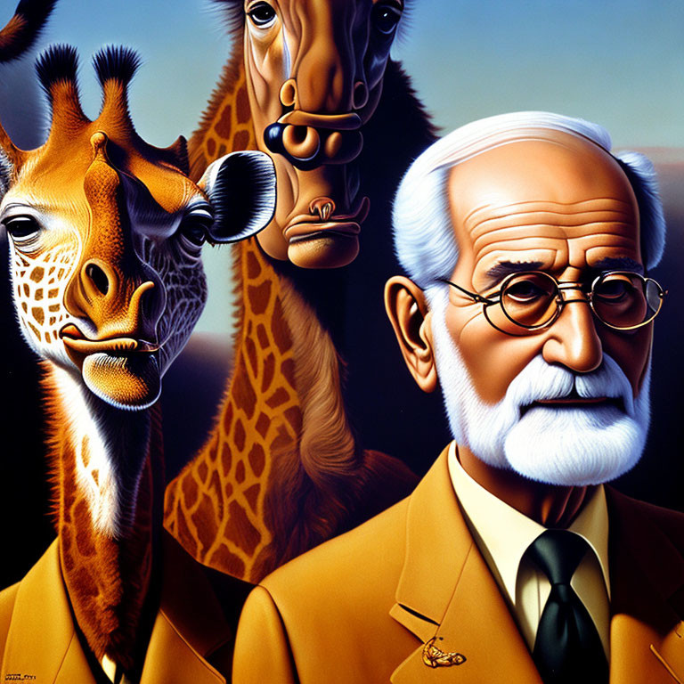 Illustration of man with white beard, glasses, giraffe, and horse against shaded background