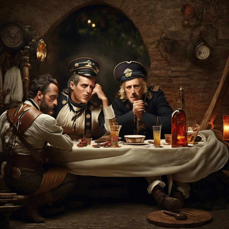 Historical military scene: Three men at candlelit table with maps and food