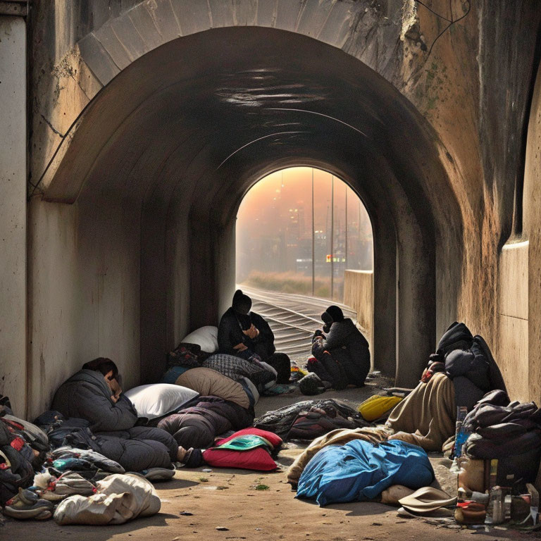 Homeless Group Seeking Warmth in Tunnel with Possessions