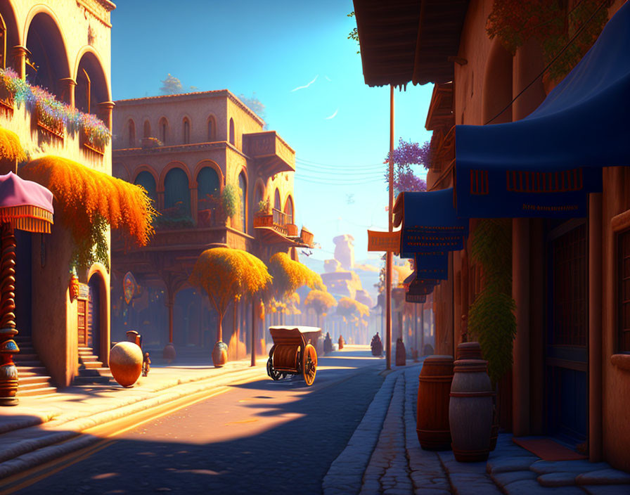 Sunlit Mediterranean-style street with cobblestones and vibrant foliage