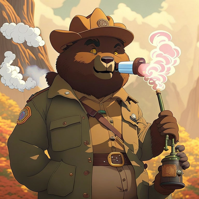 Bear park ranger in uniform with pipe and lantern in autumn forest