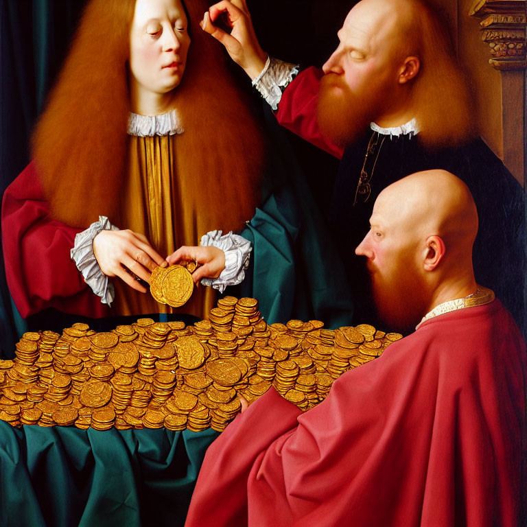 Artwork featuring woman and two men with gold coins on table